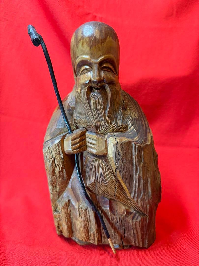木彫 福禄寿 七福神 彫刻 無銘 笑顔の老人像 杖付き - メルカリ