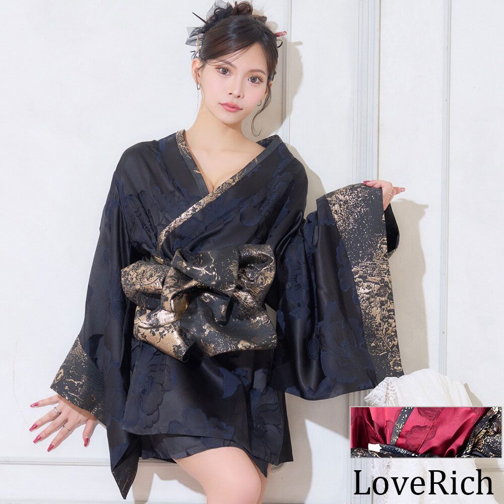 LoveRich ラブリッチ ライン 2カラー|2点セット 花柄 オフショル ミニ 豪華 帯 リボン 花魁 着物 ドレス コスプレ イベント ハロウィン 1510