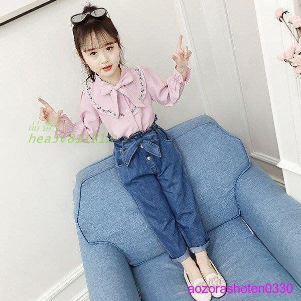 子供服 セットアップ キッズ 女の子 長袖 春秋 上下セット 2点セット シャツ デニムパンツ 150CM 誕生日 ブラウス ジュニア 蝶結び おしゃれ hea5v811612