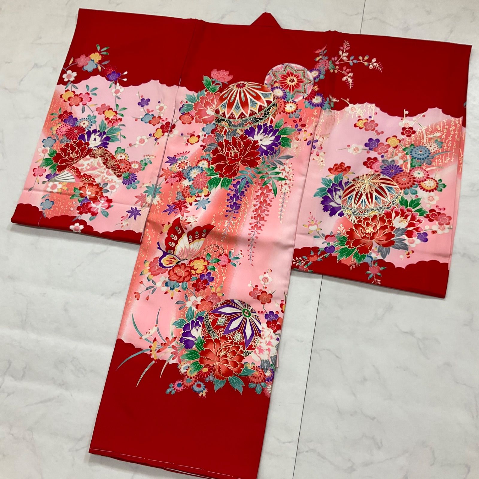 ◆kimono+one◆新品同然◆産着◆お宮参り◆長襦袢付き◆仕付け糸付◆赤◆ピンク◆子供着物◆七五三◆女の子◆七五三お詣り女の子着物こどものひお正月卒業式十三詣り◆U62