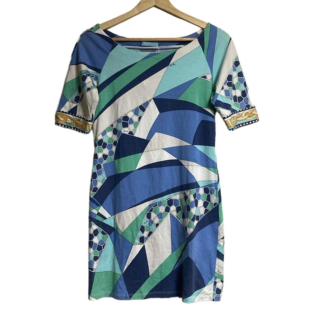 EMILIO PUCCI PUCCI エミリオプッチ ワンピース サイズ36 S レディース - ブルー×ライトブルー×マルチ クルーネック|半袖|ミニ