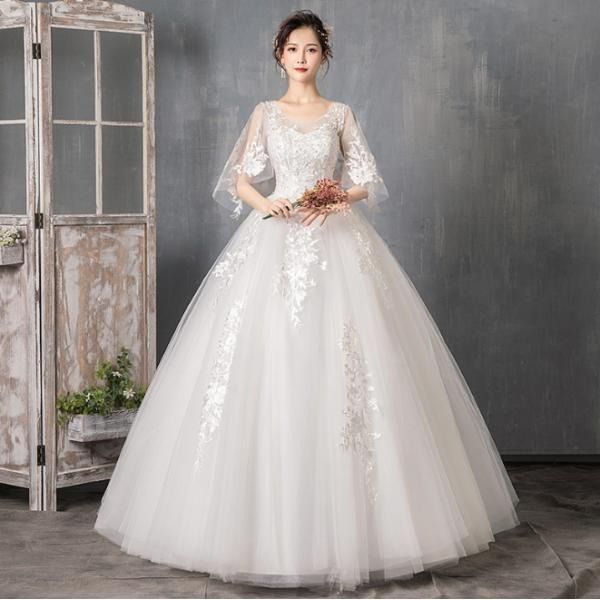 ウェディングドレス ハイウエスト 妊婦もOK 大きいサイズ 袖あり Vネック 着痩せ ぽっちゃり 結婚式 編み上げ 発表会 パーティードレス お呼ばれ