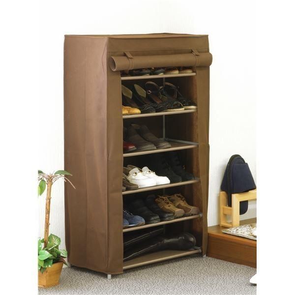不織布カバー付き シューズラック/下駄箱 〔6段〕 幅60cm スチールフレーム 大容量 ロングブーツ収納可 ブラウン