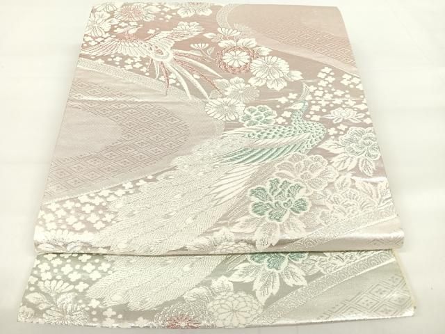 A◆着物くつろぎ 孔雀に花模様 プラチナ 銀糸 六通 正絹 フォーマルな袋帯 平和屋着物◎六通柄袋帯 唐織 孔雀花文 銀糸 正絹 逸品 AAAU2919yx