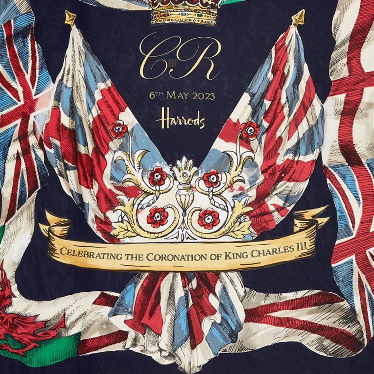 新品 限定品 Harrods 英国チャールズ国王 戴冠記念 シルクスカーフ