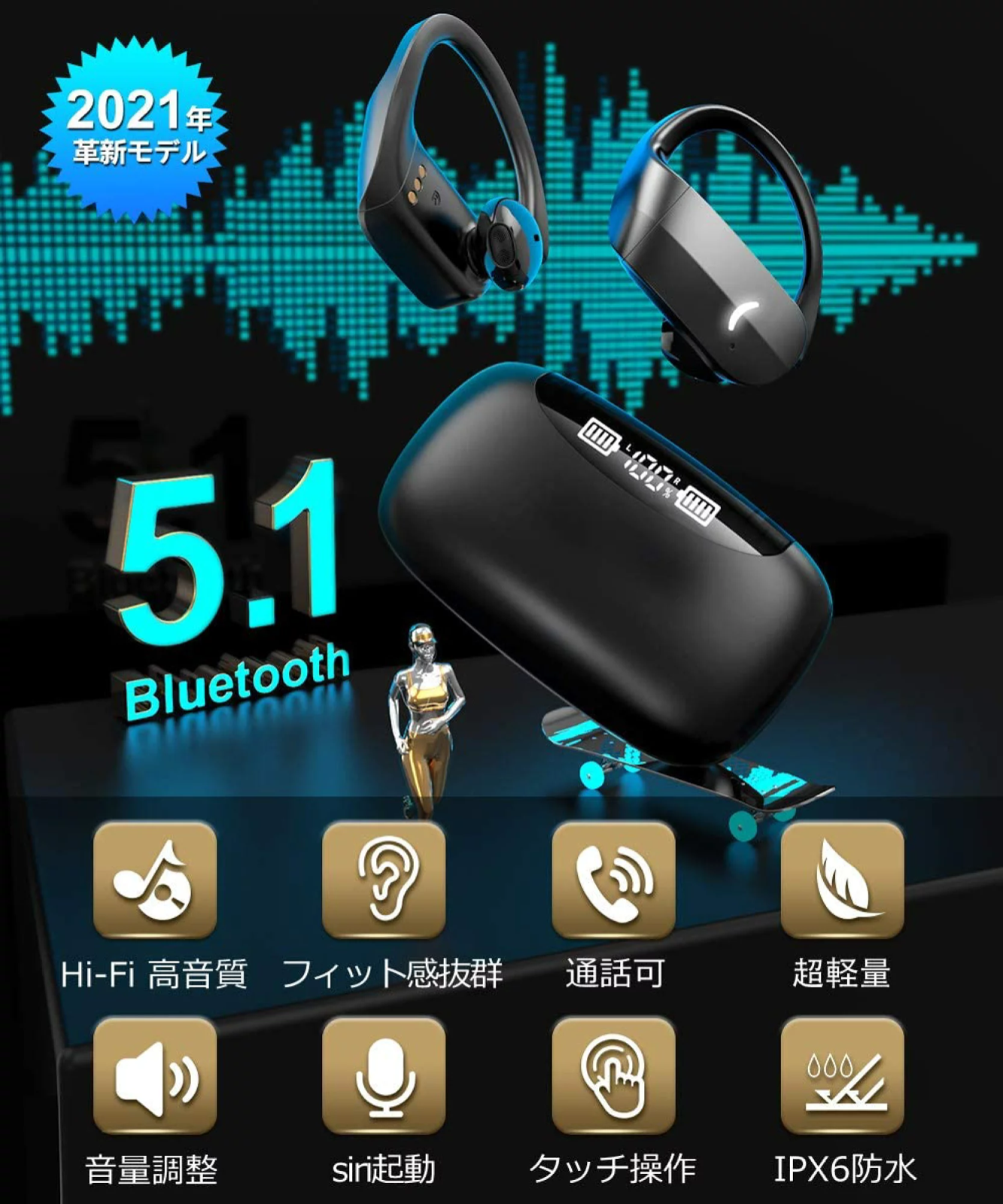高音質 Bluetooth ワイヤレスイヤホン 防水仕様 ブラック 左右分離型 通販