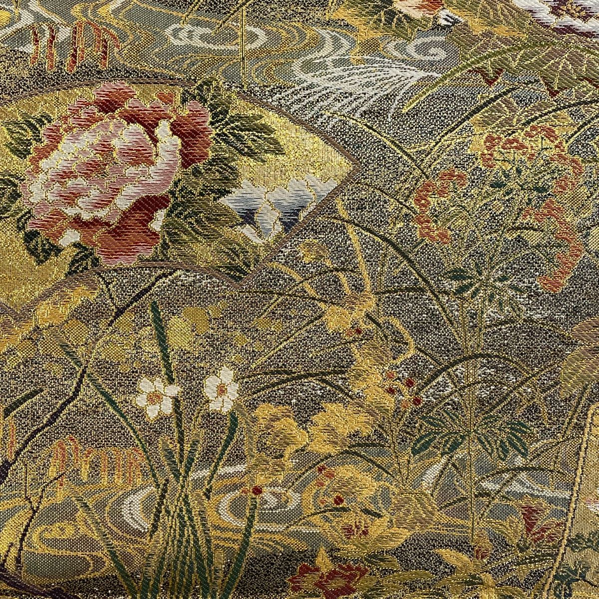 在庫一掃】 袋帯 美品 逸品 リバーシブル 草花 百人一首 金糸 箔 金色  