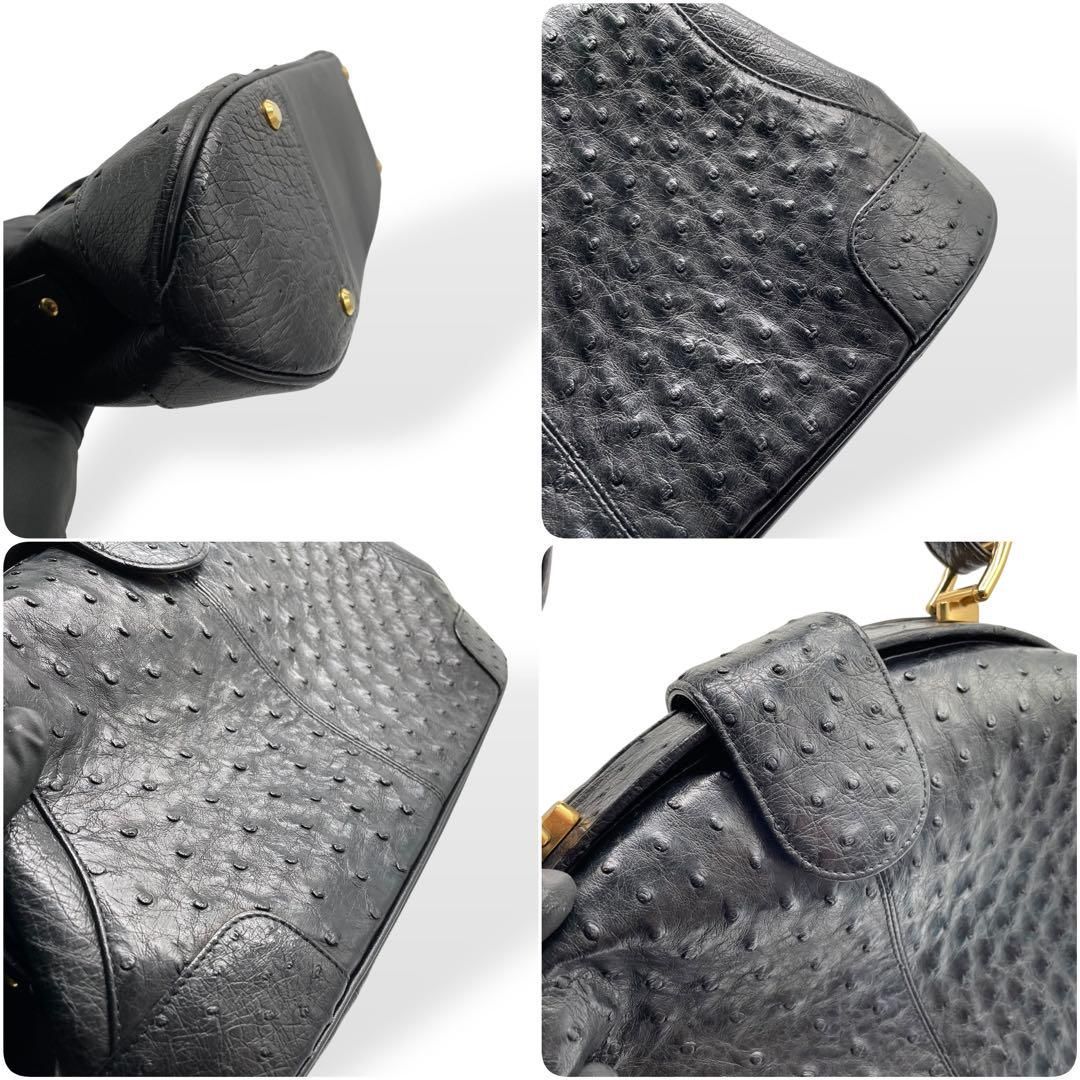 オーストリッチ レザーハンドバッグ　ゴールド金具　ブラック 美品✨オーストリッチ ハンドバッグ レザー ブラック 黒