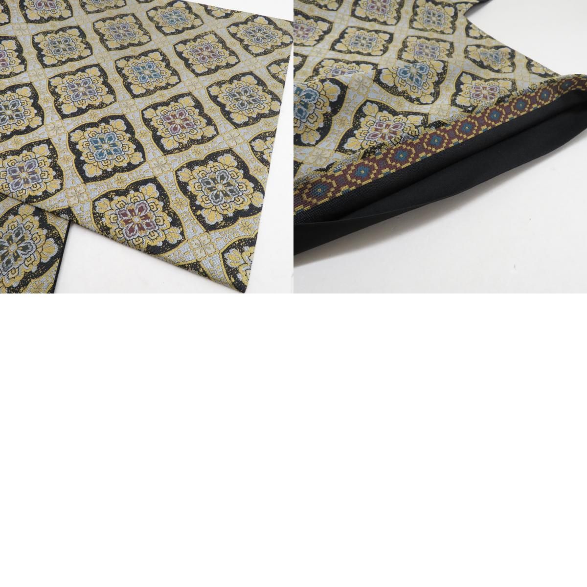 袋帯 織り柄 花菱格子文様 黒色 黄色 六通柄 正絹 セミフォーマル