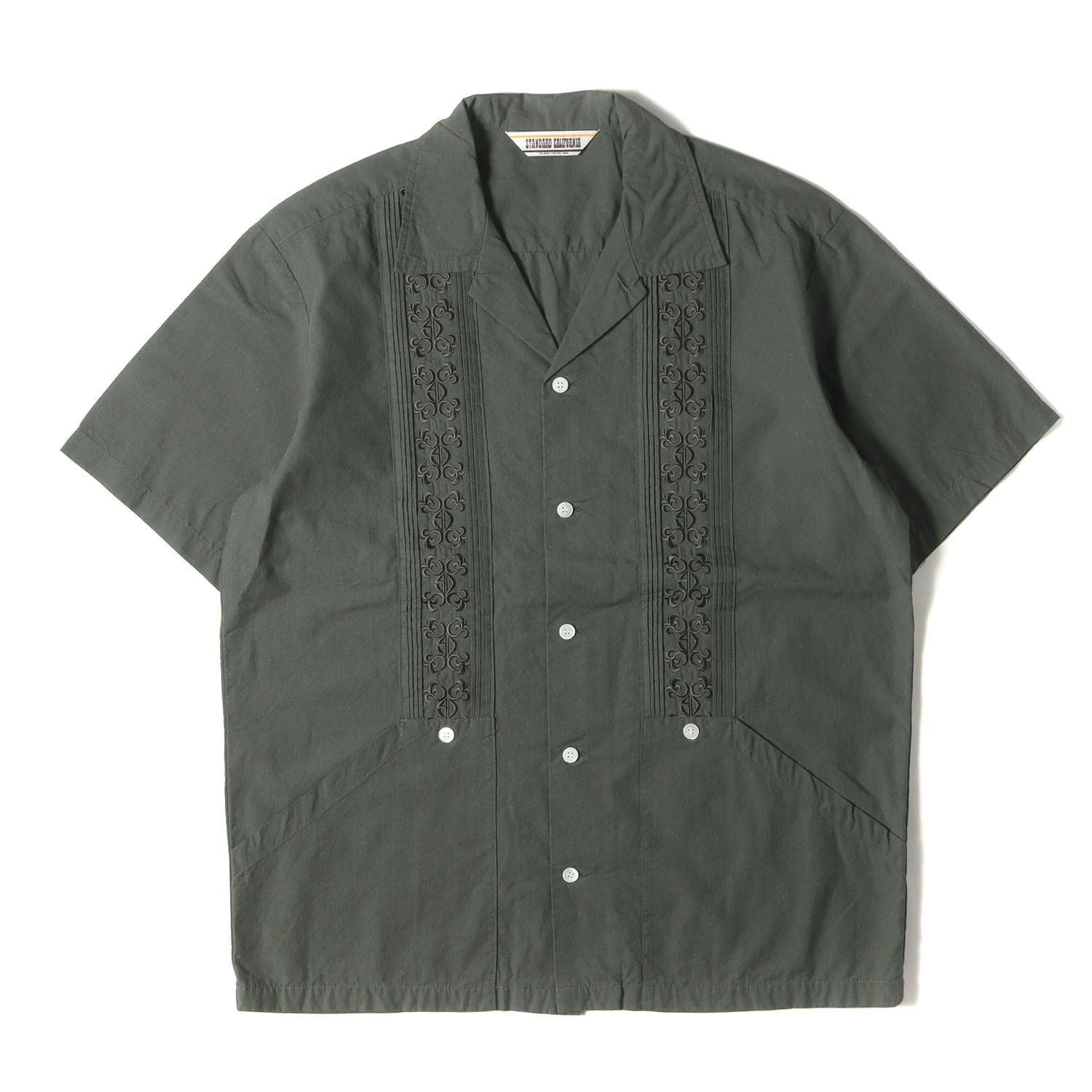 STANDARD CALIFORNIA スタンダードカリフォルニア シャツ サイズ Ｌ | ロゴ 刺繍 リネン 半袖 キューバ シャツ SD COOLMAX LINEN CHAMBRAY GUAYABERA SHIRT カーキ メンズ