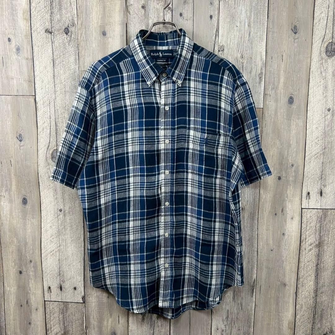 Ralph Lauren ラルフローレン 半袖 綿麻 チェック シャツ LL
