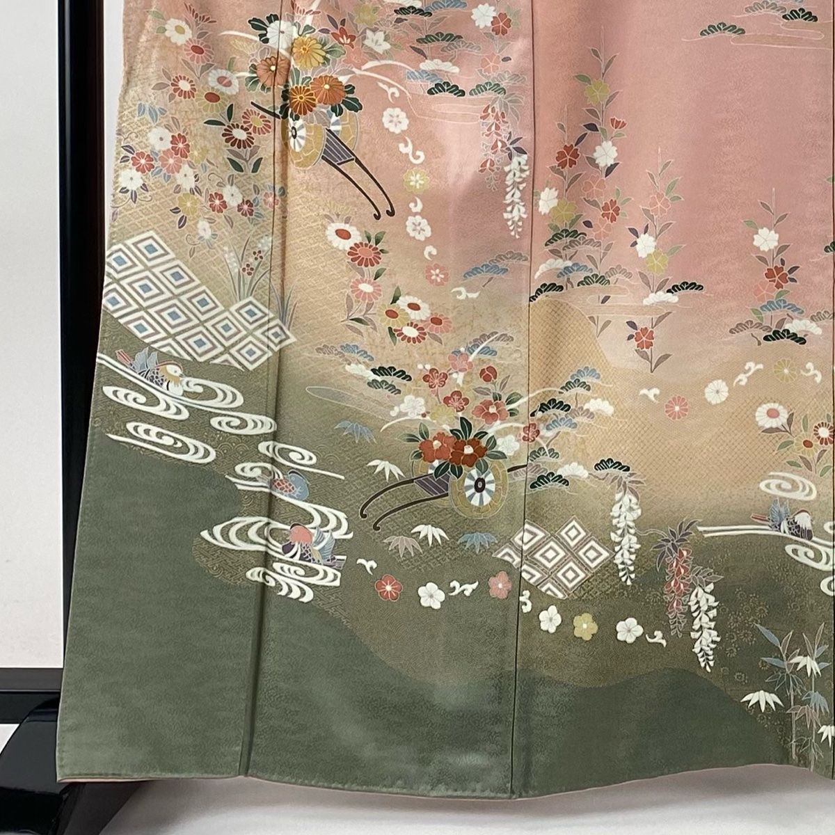 訪問着 身丈164cm 裄丈66.5cm M 袷 花車 鴛鴦 金彩 染め分け ピンク 正絹 秀品