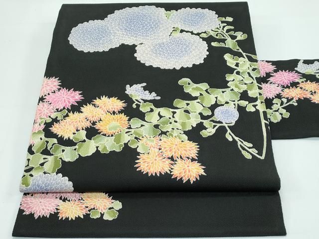 平和屋着物■極上　九寸名古屋帯　友禅　草花文　黒地　鬼しぼ縮緬　逸品　CZAA3697s5 平和屋着物□極上 九寸名古屋帯 友禅 草花文 黒地 鬼しぼ縮緬 逸品