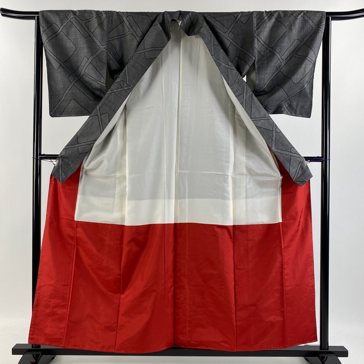 大島紬 身丈159cm 裄丈64cm M 袷 袋帯セット 証紙あり 幾何学 黒