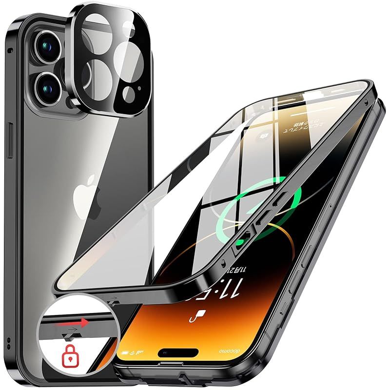 NIANGUO【ロック機能付き・自動ポップアップボタン】 iPhone13 Pro Max 用 ケース クリア 【両面強化ガラス】 9H硬度 【一体型レンズ保護】 アイフォン13プロマックス カバー アルミバンパーケース