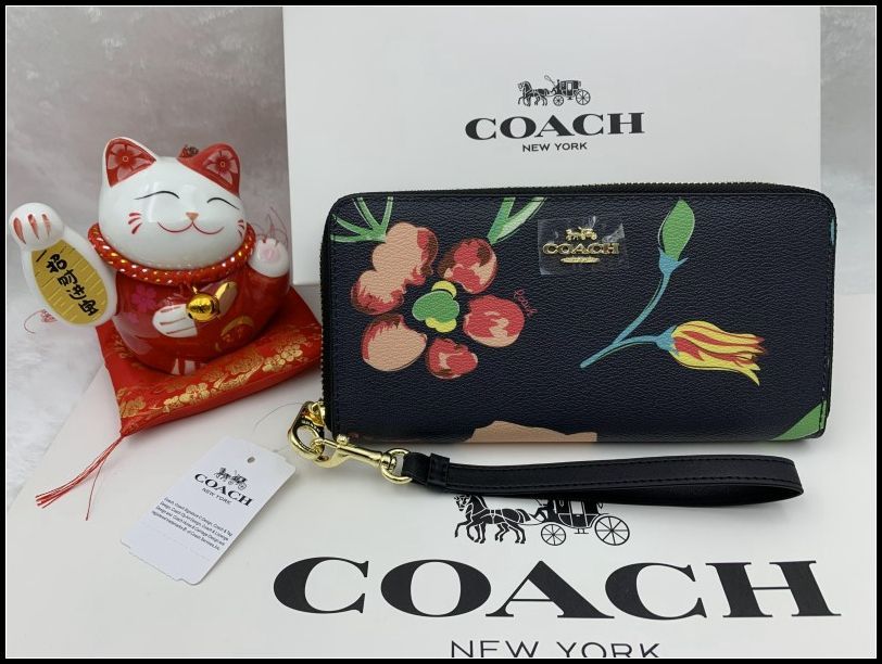 COACH 長財布 コーチ 財布 ネイビー系マルチ PVC フローラル プリント 花柄 ストラップ付き ラウンドファスナー アウトレット プレゼント 贈り物 花柄 ロング ジップ 新品 未使用 ファッション クリスマスギフト C8694 A144Z-X1