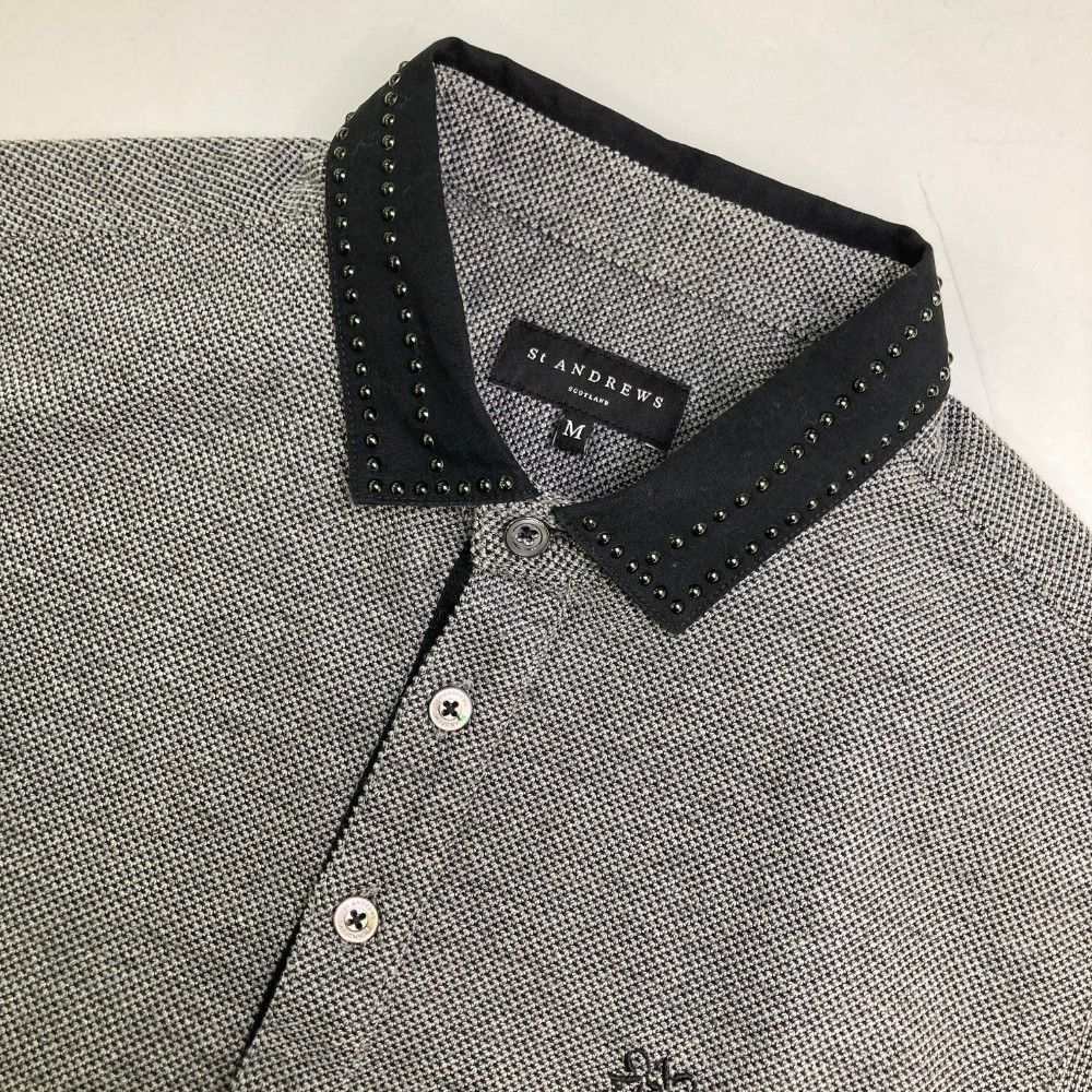 サイズ：M ST ANDREWS セントアンドリュース  長袖ポロシャツ スタッズ  グレー系 [240101444724] ゴルフウェア メンズ ストスト サイズ：M ST ANDREWS セントアンドリュース 長袖ポロシャツ