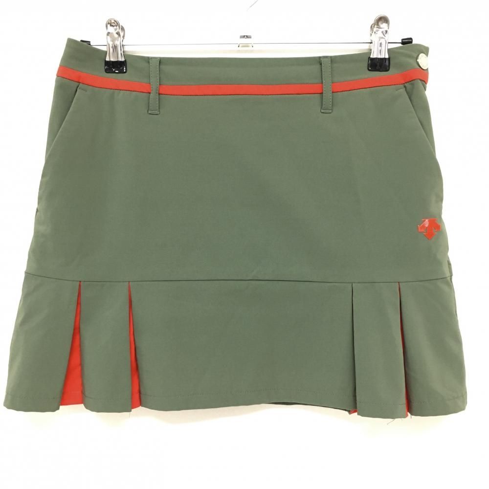 特価【超美品】デサントゴルフ スカート くすみグリーン×レッド 一部プリーツ フロントロゴ レディース 64/M(M) ゴルフウェア DESCENTE