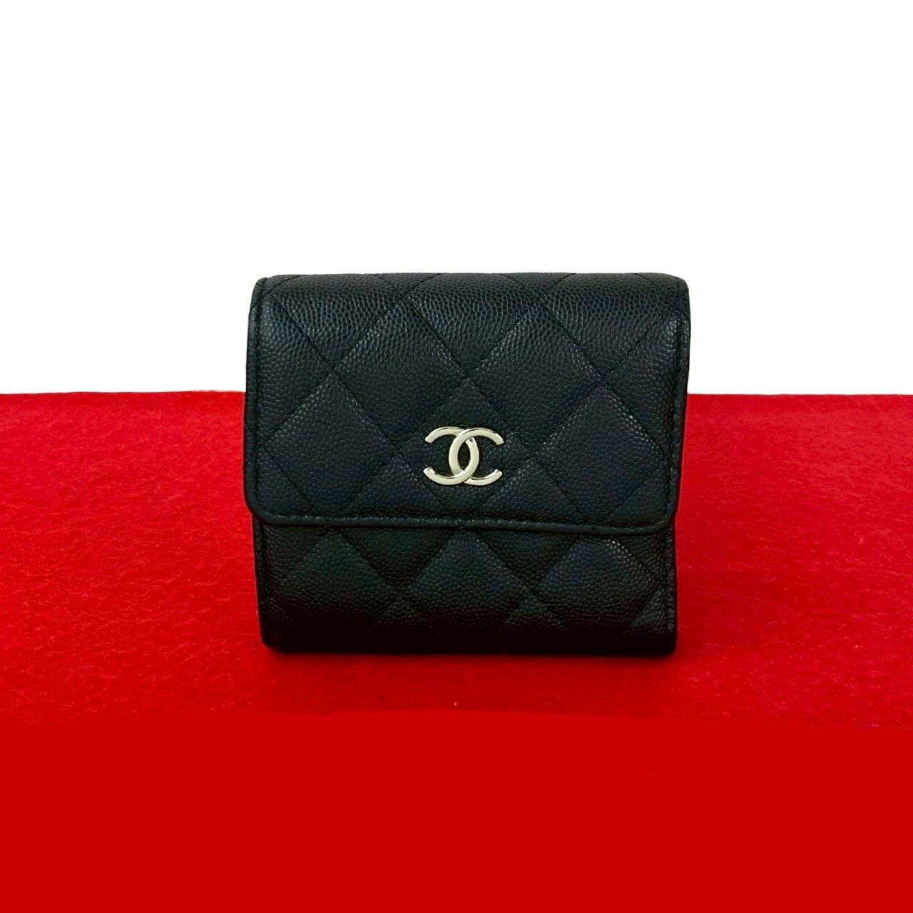 シール有 30番台 CHANEL シャネル マトラッセ ココマーク キャビアスキン レザー 本革 三つ折り財布 ミニ ウォレット 黒 22667