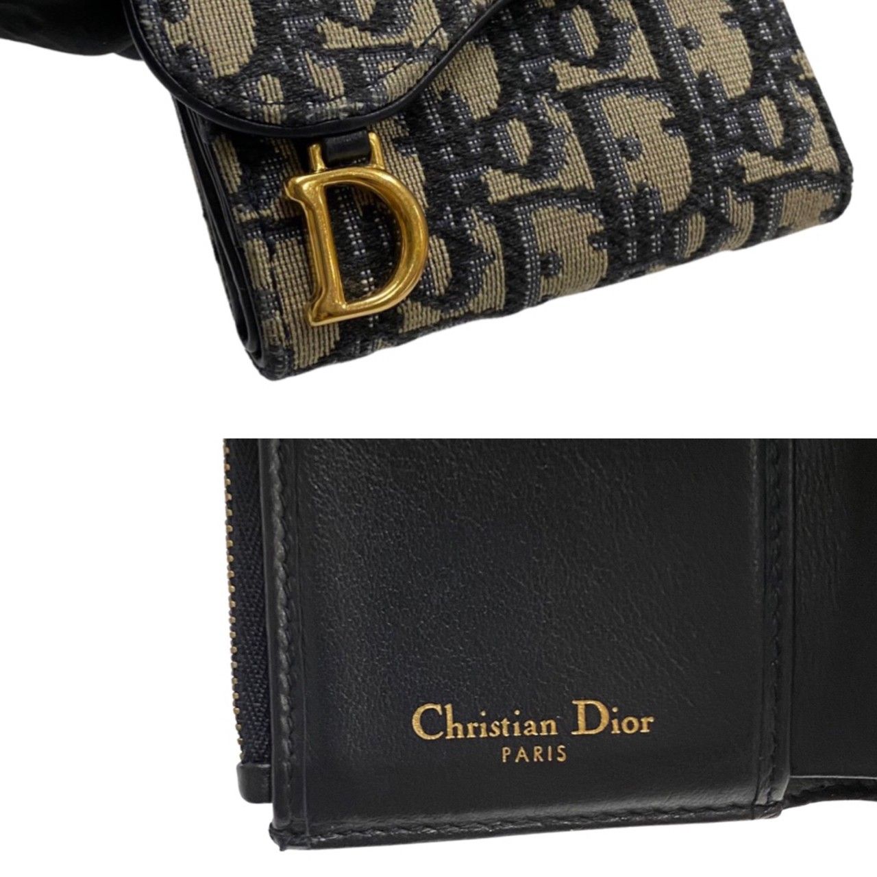 極 美品 Christian Dior クリスチャン ディオール トロッター 金具 キャンバス レザー 本革 財布 二つ折り財布 ウォレット ネイビー  12199