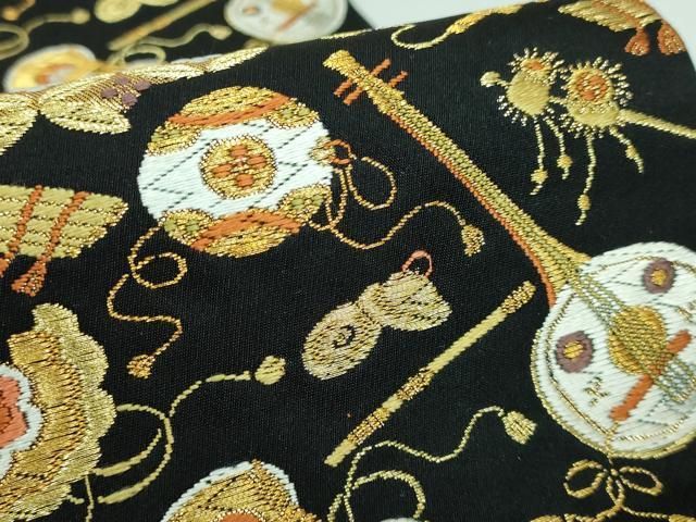 平和屋本店□極上 西陣 河合美術織物謹製 六通柄袋帯 唐織 楽器 黒地