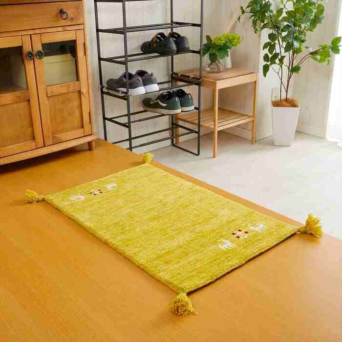 玄関マット 室内 50x80cm ミニラグ ホノカ 6色対応 玄関 ラグ おしゃれ 屋内 ウール100％ ラグマット ウールラグ 長方形 ギャッベ 手織り 防炎 オールシーズン シンプル 50×80cm ホノカ イエロー ギャベ