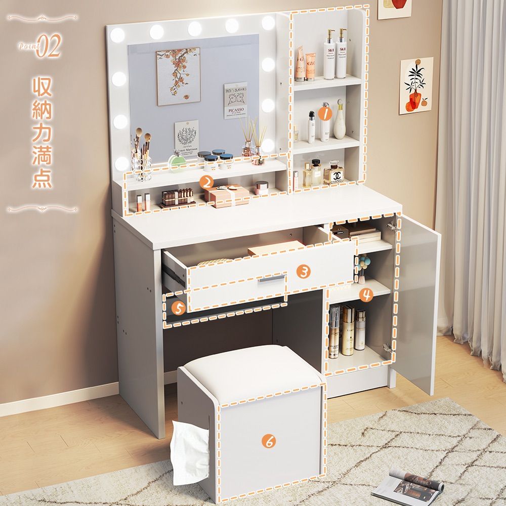 (期間セール)ドレッサーおしゃれコンパクト3色LEDライト付スツール付 期間セール！！ドレッサー おしゃれ コンパクト 3色LEDライト付き