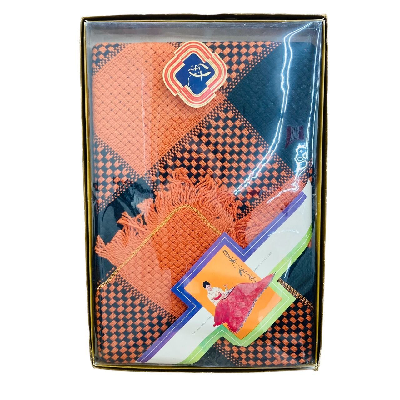 未使用美品です!昭和レトロ 当時物 こたつ掛けカバー 180cm四方 フリンジ 未使用 昭和レトロ コタツ上掛け カバー ニット 格子柄 こたつ