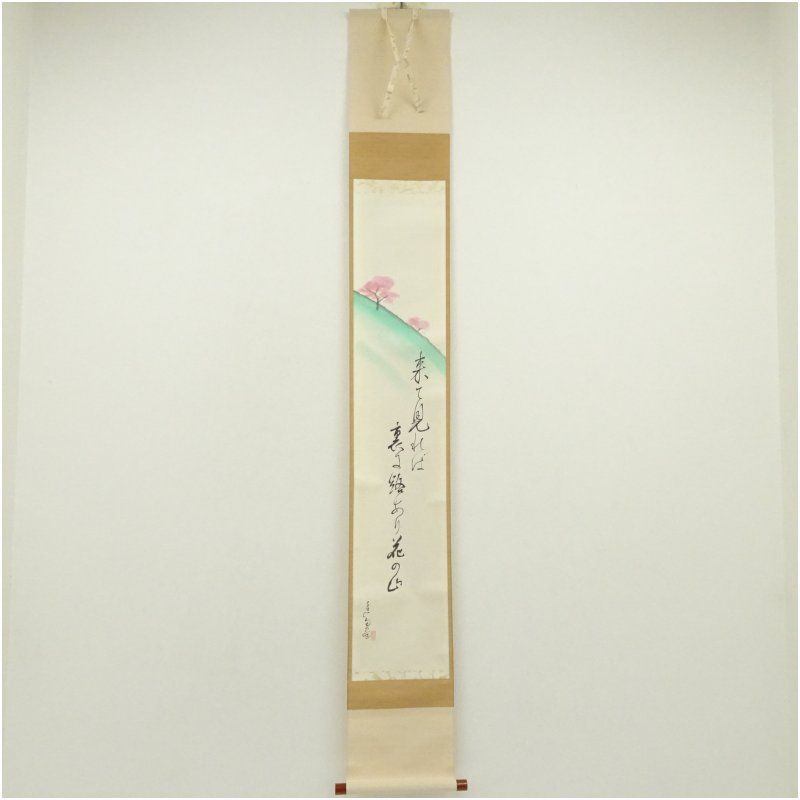 廣本進筆 花の山画賛 俳句 肉筆紙本掛軸 共箱 掛け軸 床の間 書 おしゃれ 絵画 表具 芸術 茶道 年中掛け インテリア 茶掛 掛物 和室