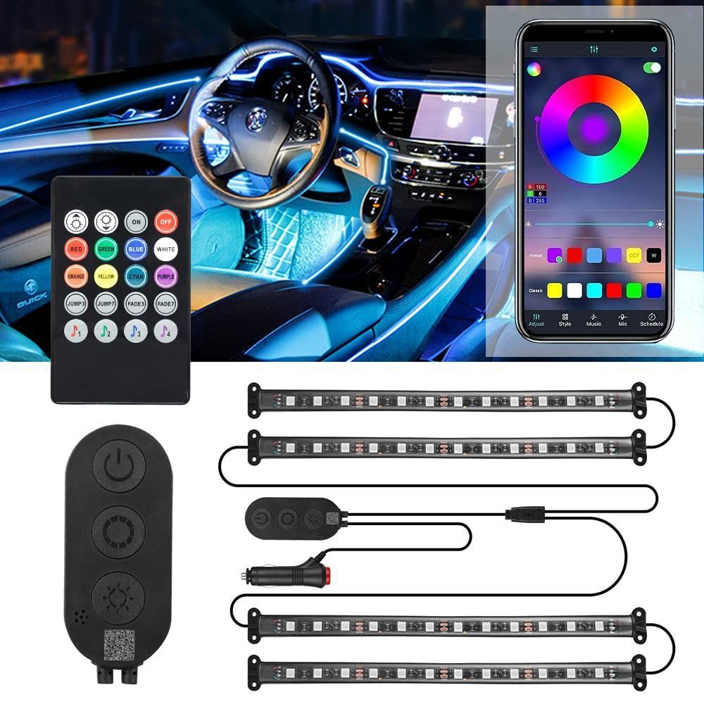車内装飾用 カーチャージャー式 フットライト 足元灯 車用 音に反応 フルカラー 足下照明 RGB 12V フットランプ LEDテープライト コントローラーアプリ制御 車用LEDテープ SUPAREE リモコン付き 