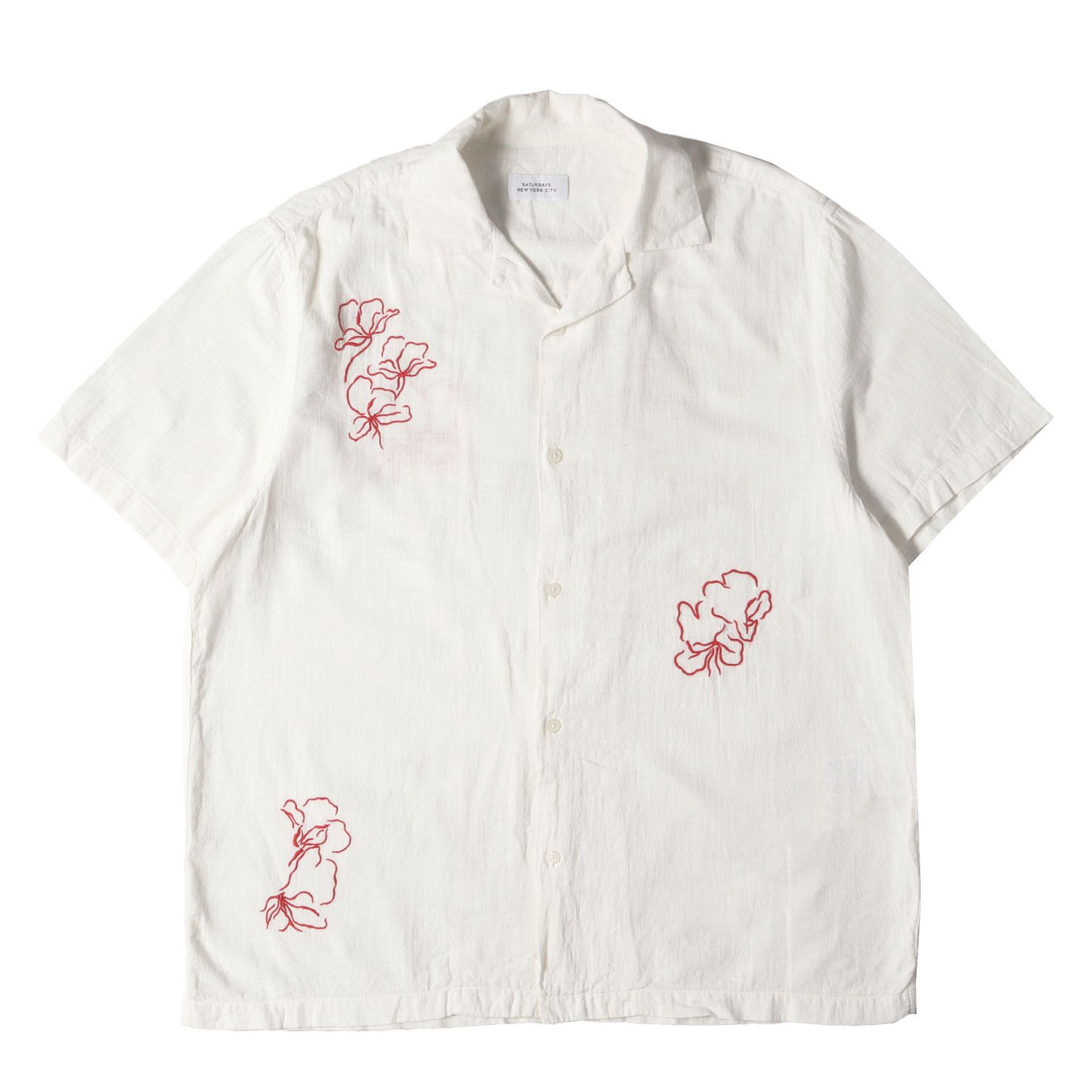 SATURAYS NEW YORK CITY オープンカラーシャツ Sサイズ SATURDAYS SURF NYC サタデーズサーフニューヨーク シャツ  サイズ:M / フラワー 刺繍 オープンカラー クレープ ガーゼ 半袖 シャツ (Canty Sz Embroidered Gauze SS Shirt)  / ホワイト【中古】 Saturdays NYC ... サタデーズ サーフニューヨークSaturdays NYC 花柄Tシャツ L