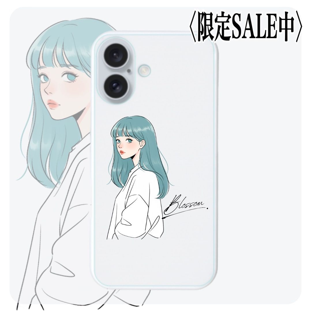 数量限定【デザイナーズ】ブルーヘアの女の子が映えるiPhone16対応シンプルハードケース iPhoneケース シンプルイラスト 女の子デザイン 韓国風スマホケース アートスタイルケース プレゼン