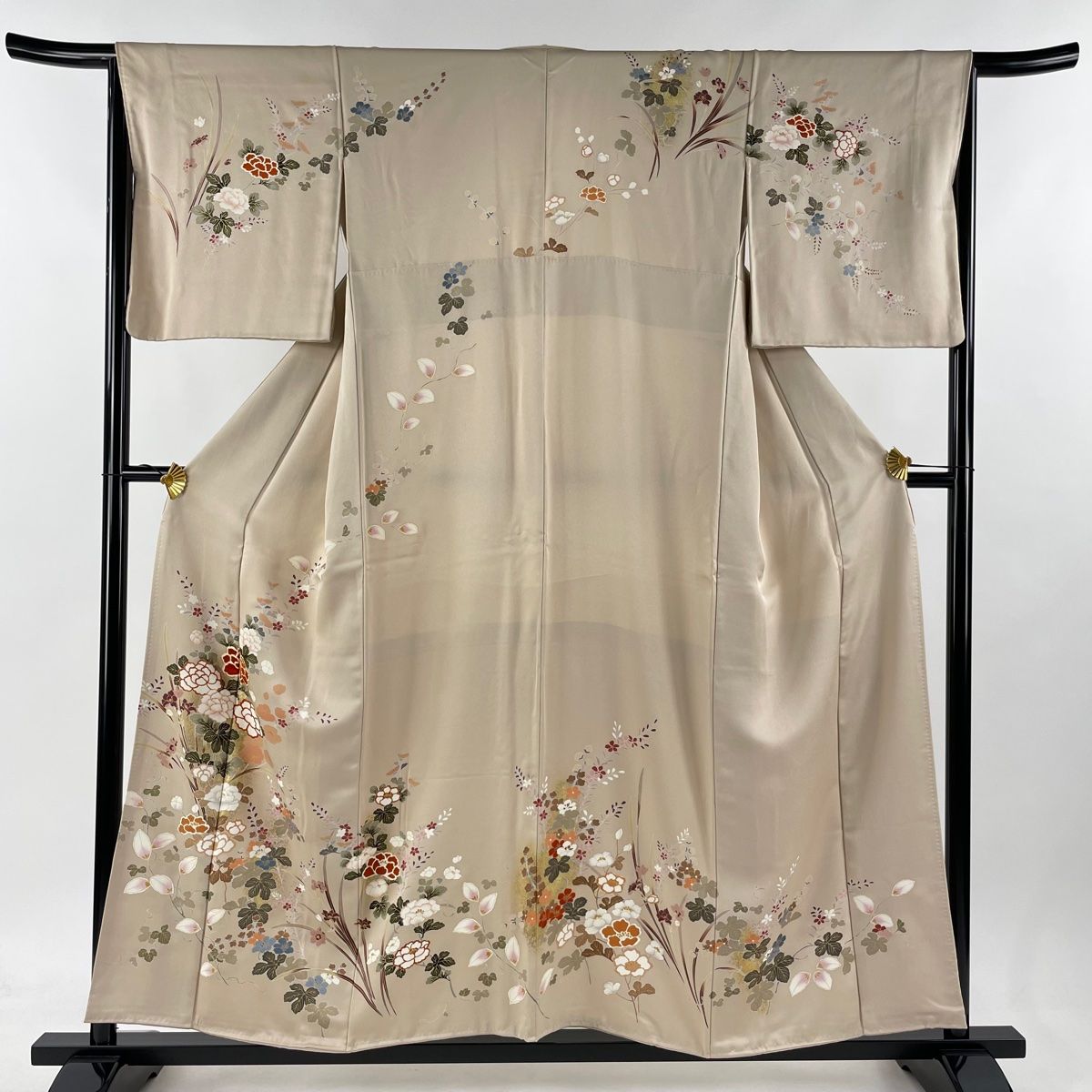 訪問着 身丈168cm 裄丈67cm M 袷 椿 菊 金彩 赤茶 正絹 秀品 中古（裄  