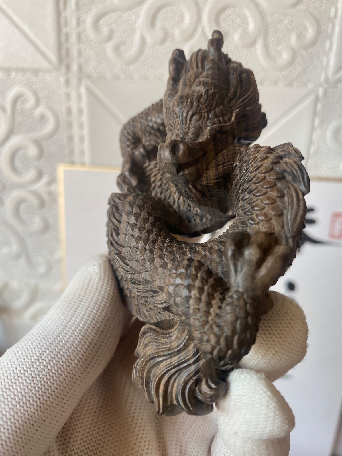 竜 置物  高級天然木彫り 工芸品 極細工 美術品 仏教美術 龍 高級木材 細密木彫 一刀彫 リアル繊細彫刻（龍/竜