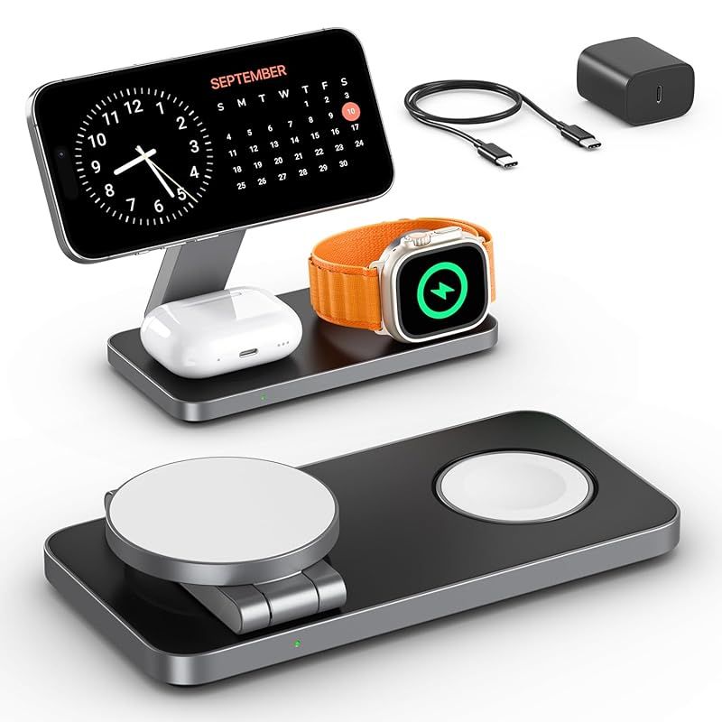 KEEPRO MagSafe 3in1 ワイヤレス充電スタンド 折りたたみ式 iPhone/Apple Watch/AirPods対応 3デバイス同時充電 15W/10W/7.5W 横向き/縦向き自由調整 強力マグネット固定 ベッドサイド・デスク/旅行両用 1