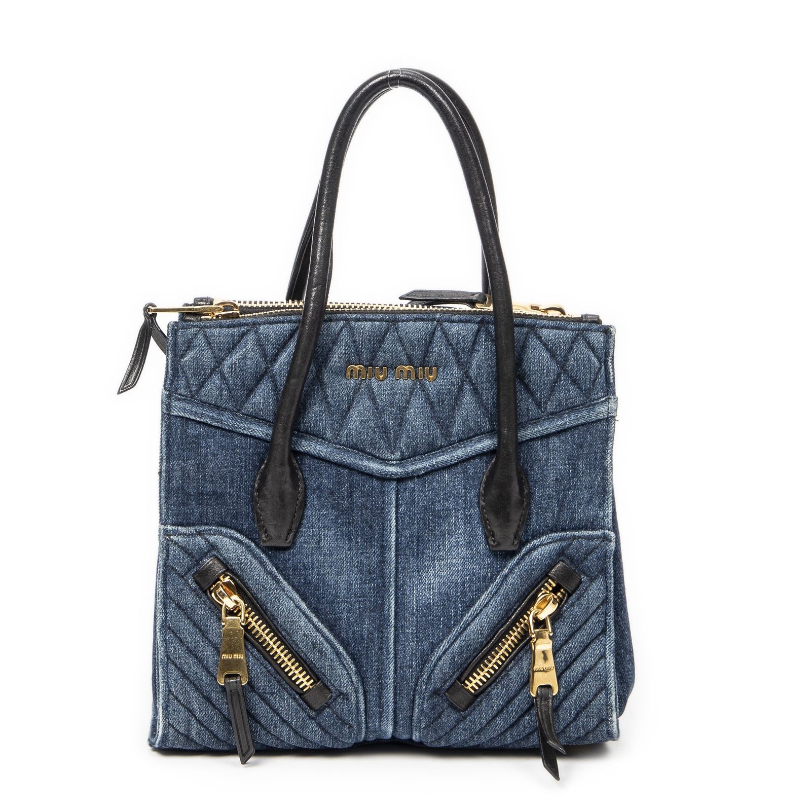 MIU MIU ミュウミュウコンバーチブルトートブルーデニム 黒マトラッセデニムキャンバスAB