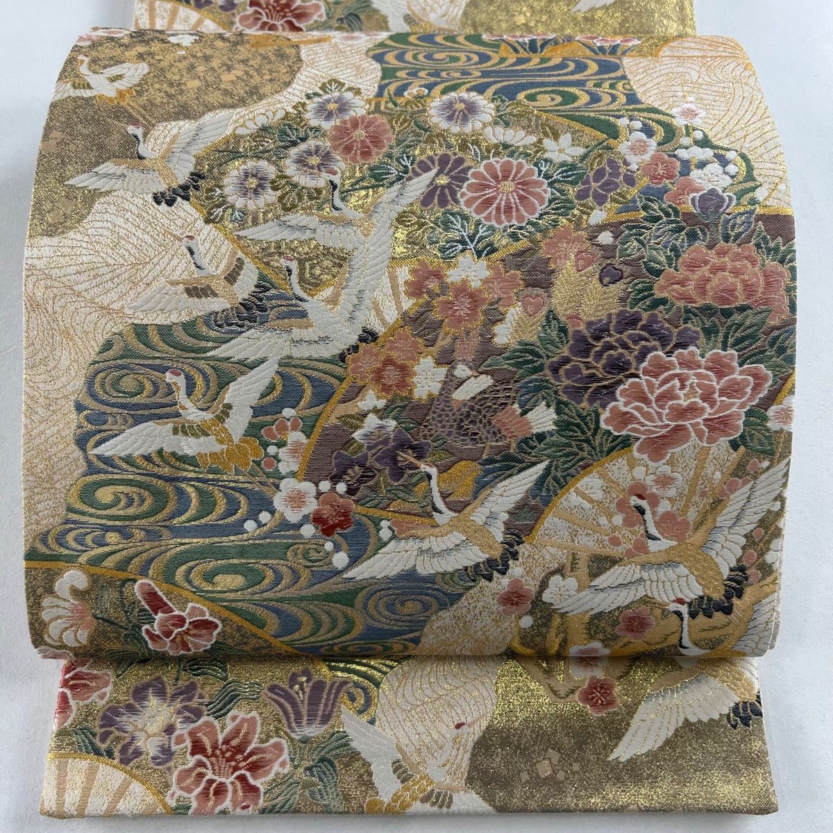 袋帯 美品 秀品 扇 鶴 金糸 箔 ベージュ 六通 正絹 【中古