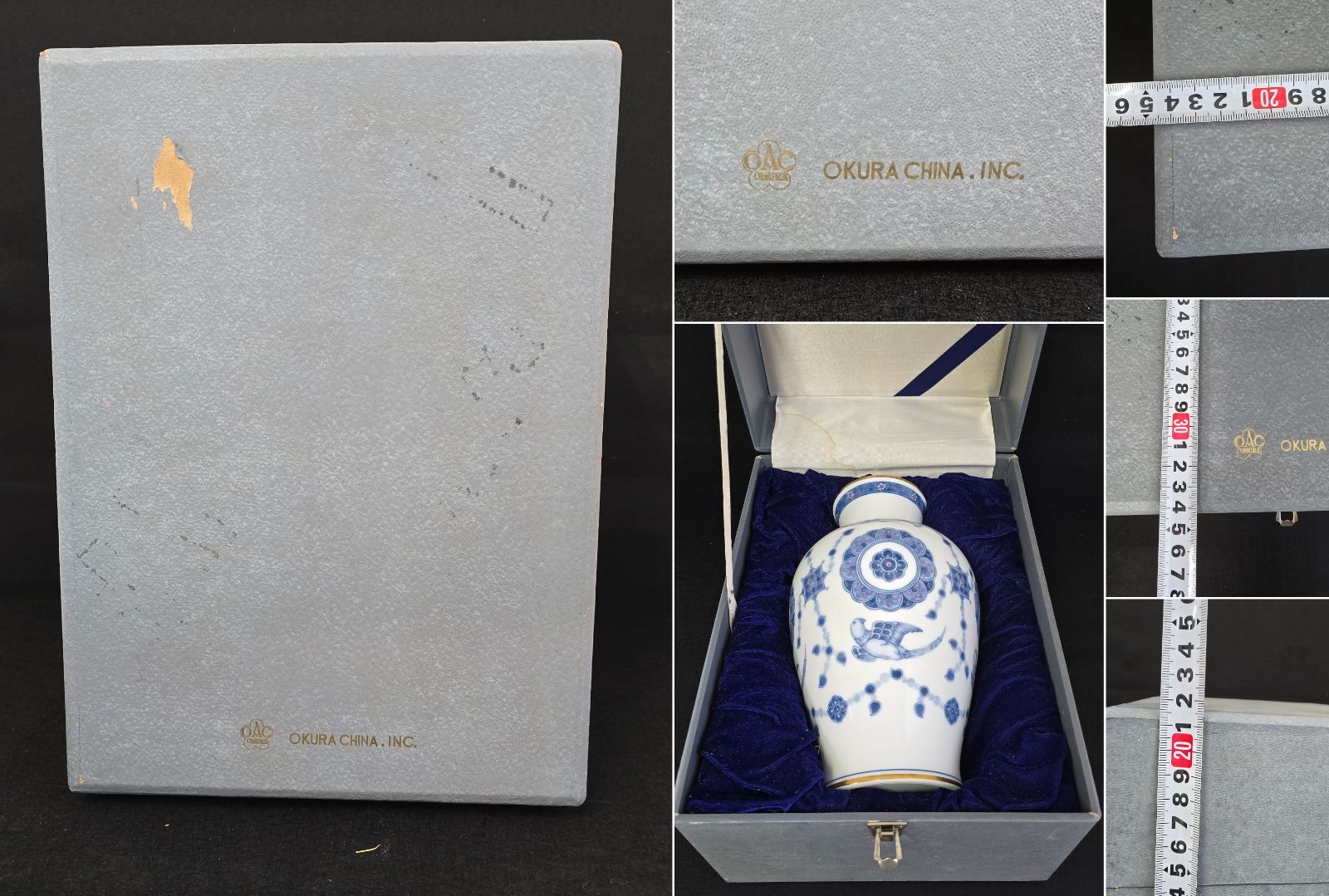 M▽大倉陶園 瑞鳥文花瓶 呉須更紗鳥絵 壺 花器 (38075)