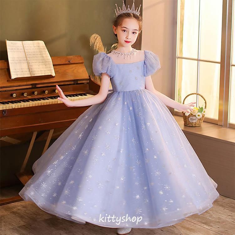 ピアノ発表会ドレス 女児ドレス パープル パフスリーブ ラウンドネック リボン 演奏会ドレス 演出服 誕生日 プリンセスドレス ロング丈 ショット丈