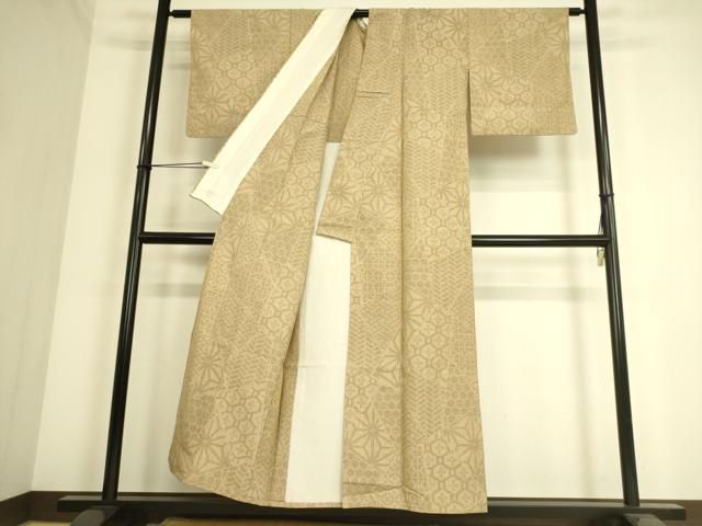 平和屋着物▽結城紬　単衣　切嵌麻の葉文　80亀甲　正絹　逸品　DAAS0438az 平和屋着物▽結城紬 単衣 切嵌麻の葉文 80亀甲 正絹 逸品 DAAS0438azの