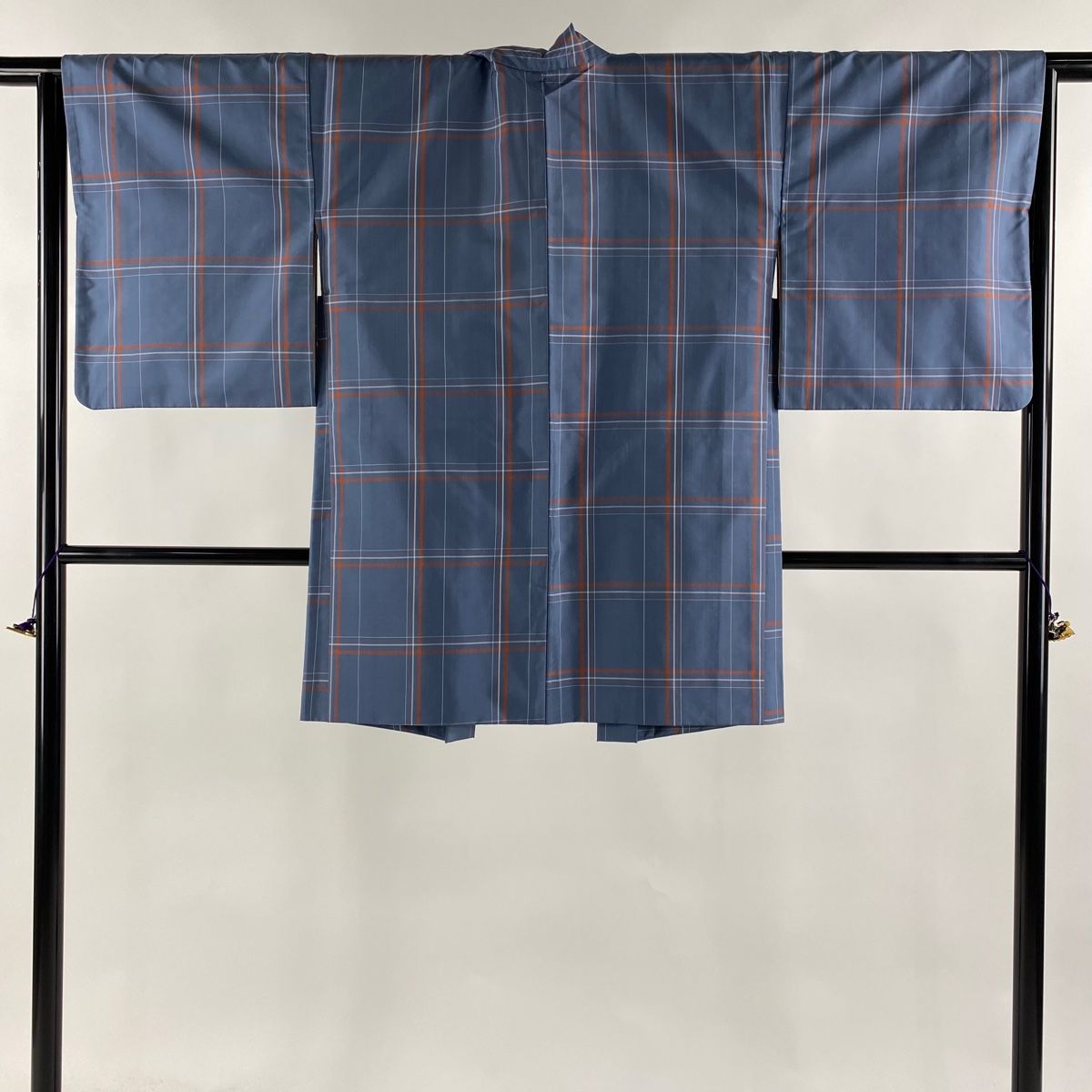 羽織 身丈88cm 裄丈65.5cm M 大島紬地 都喜ヱ門 証紙 格子 青灰色 正絹 名品