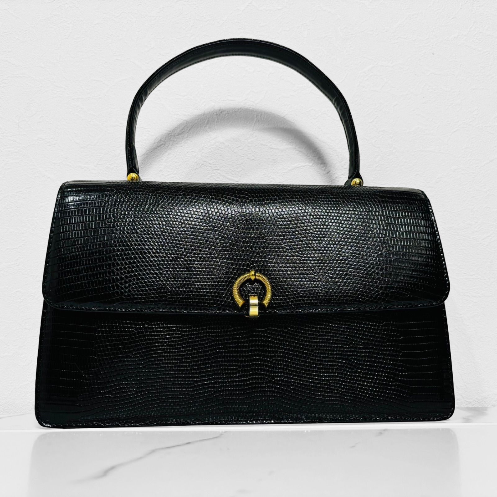 美品 ハマノ ロイヤルモデル ハンドバッグ ブラック ゴールド金具