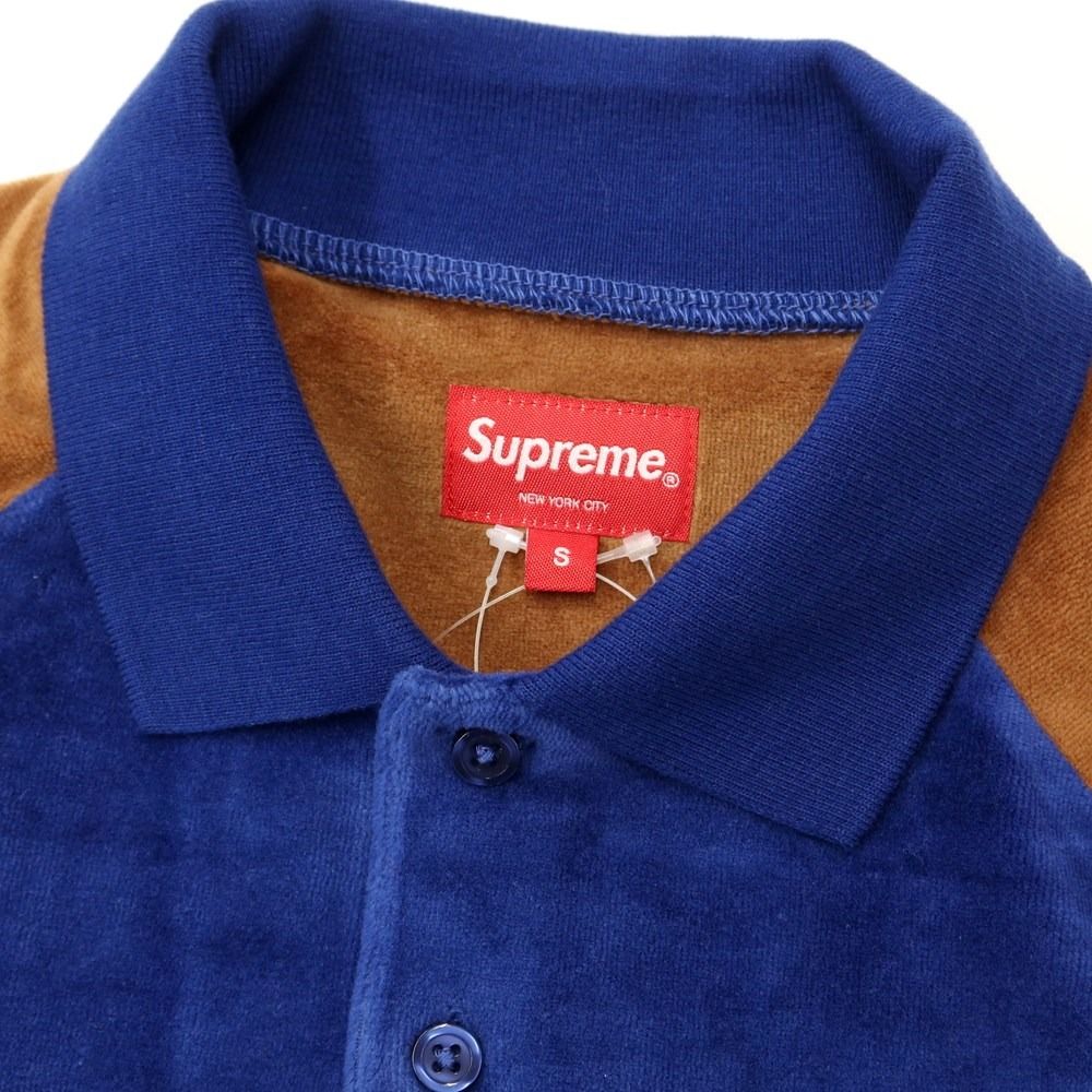 【中古】シュプリーム Supreme 2022年秋冬 Paneled Velour L/S Polo ベロア 長袖ポロシャツ  ダークブルーxブラウン【サイズS】【メンズ】