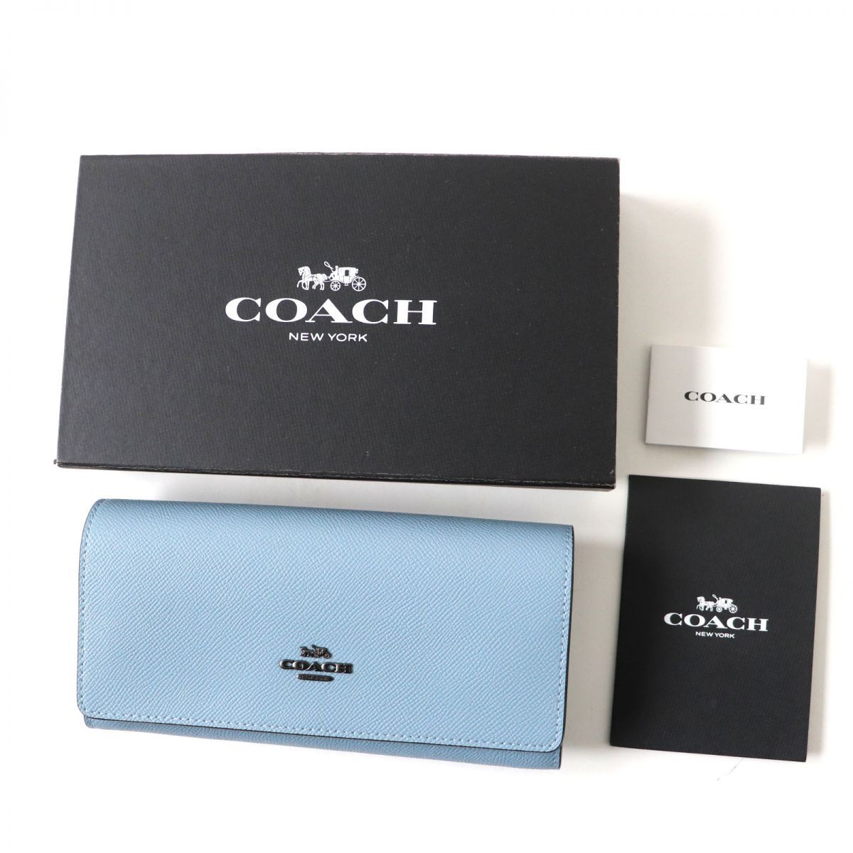 未使用品◎COACH コーチ 58307 レディース パステル付き クロスグレインレザー ロングウォレット／長財布 ライトブルー×黒金具 箱付き