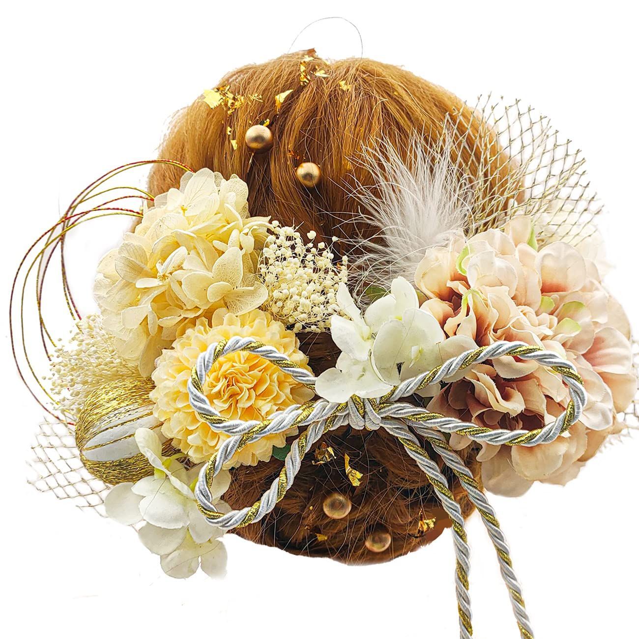 安い，新品 結婚式 袴 かすみ草 浴衣 七五三 卒業式 着物 和装 振袖 あじさい ヘッドパーツ 水引 造花 ゴールド 成人式 ヘアアクセサリー 赤 手作り 和玉 造花飾り ダリア 髪飾り 専用ケース付き ドライ 和装小物