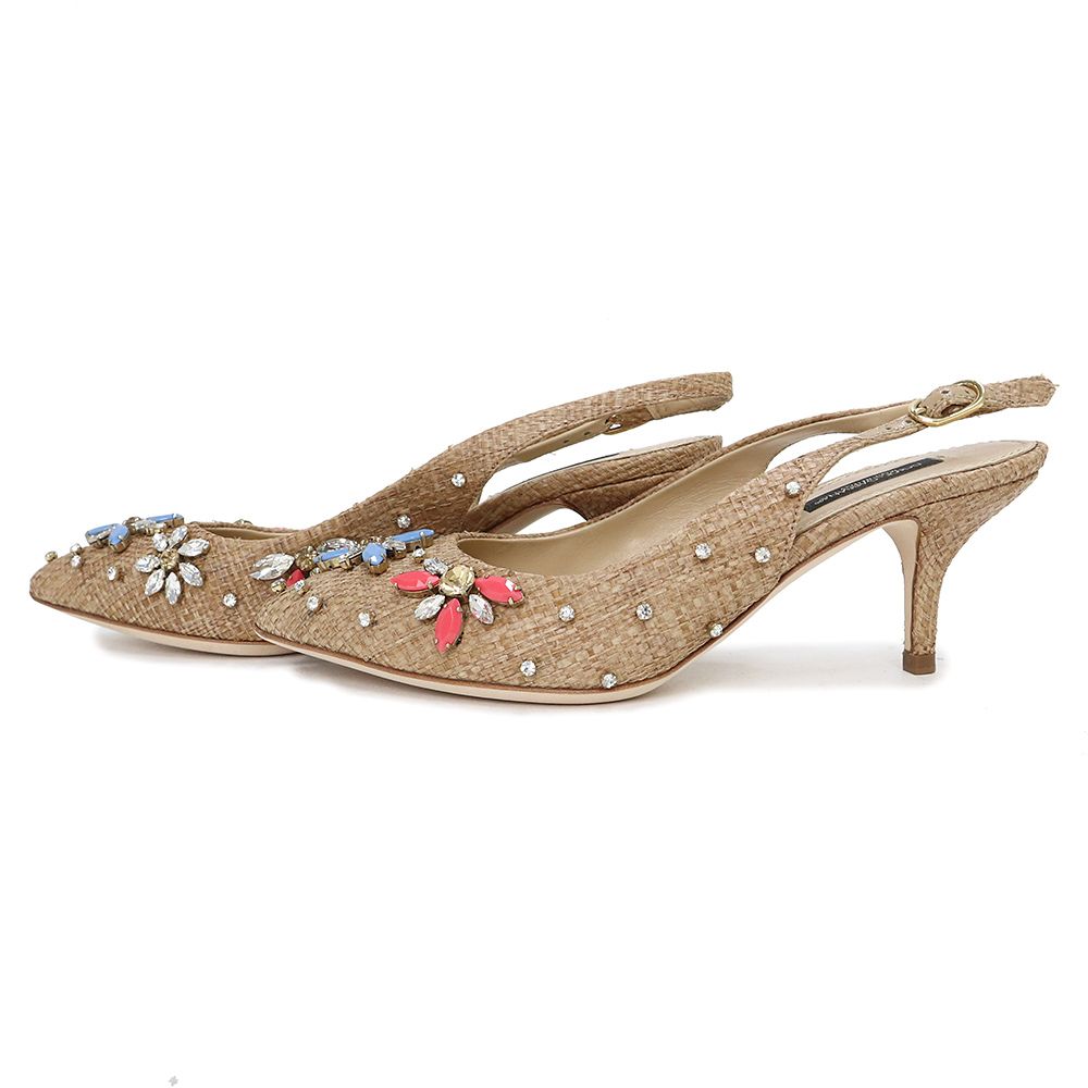 DOLCE&GABBANA パンプス ブラウン 35 ドルチェアンドガッバーナ ビジュー クリスタル フラワー