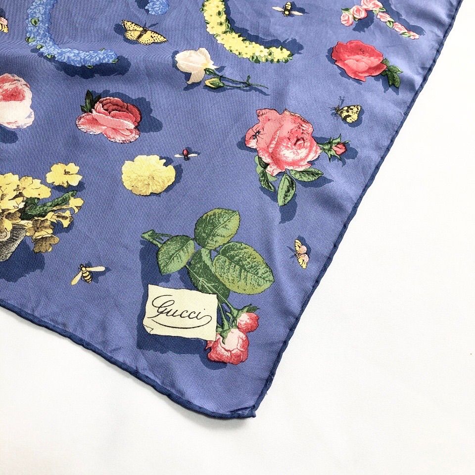 GUCCI グッチ ミニスカーフ 42×42 フローラ 花柄 ロゴ ブルー系 総柄
