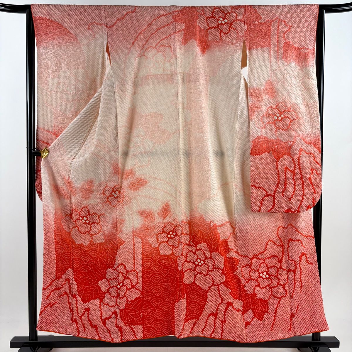 振袖 身丈155.5cm 裄丈63.5cm S 袷 牡丹 青海波 総絞り 朱色 正絹 秀品