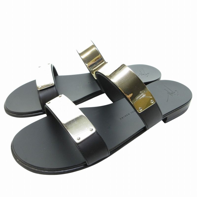 ジュゼッペザノッティデザイン GIUSEPPE ZANOTTI DESIGN サンダル ミュール シルバープレート ビブラムソール レザー 黒 ブラック 43 約27cm