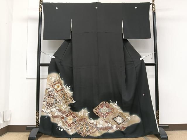 平和屋着物○訪問着 絞り 刺繍 舞花文 黒地 金彩 やまと誂製 正絹